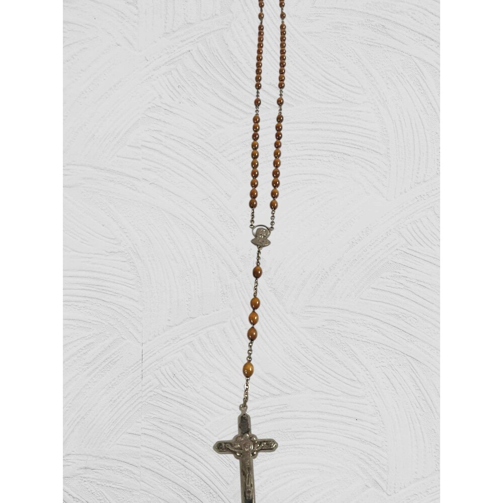 Vintage Rosary Italy Madonna & Sacred Heart of Jesus with Brown Beading